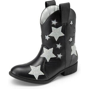 Girls Black Cowgirl Mid Calf Glitter Western Boots Toddler Star Riding Shoes